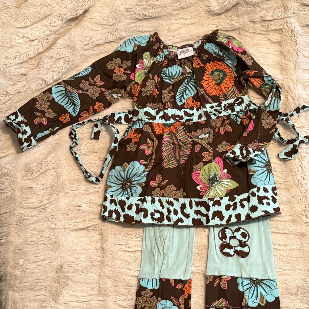 Floral Kids Pajamas Set - Brown and Blue